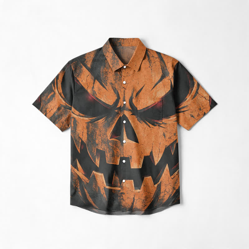 Casual Cracked Pumpkin Skull Print Cuban Collar Short Sleeve Shirt - Orange - 6XL - image 1