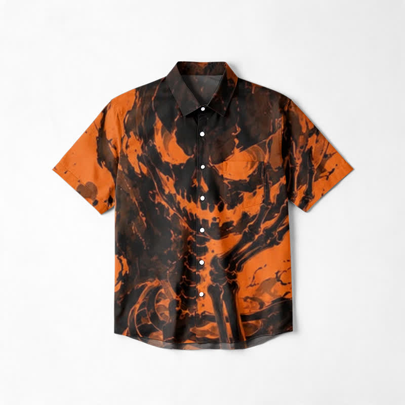 Streetwear Skull Flame Relaxed Fit Cuban Collar Short Sleeve Shirt - Orange - 6XL - image 1