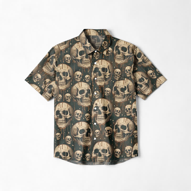 Punk Skull Print Relaxed Fit Cuban Collar Short Sleeve Shirt - Brown - 6XL - image 1