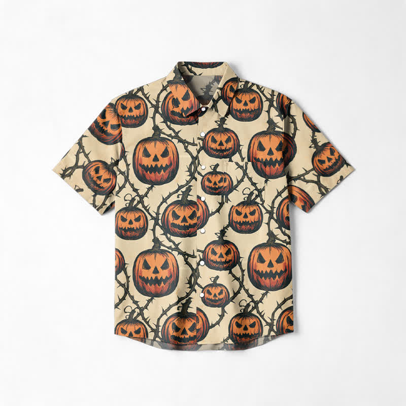 Casual Jack O Lantern Print Relaxed Fit Cuban Collar Short Sleeve Shirt - Apricot - 6XL - image 1