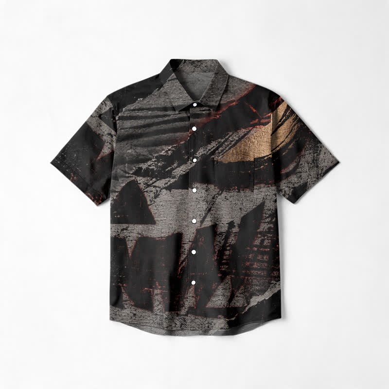 Urban Streetwear Abstract Brush Print Cuban Collar Short Sleeve Shirt - Grey - 6XL - image 1