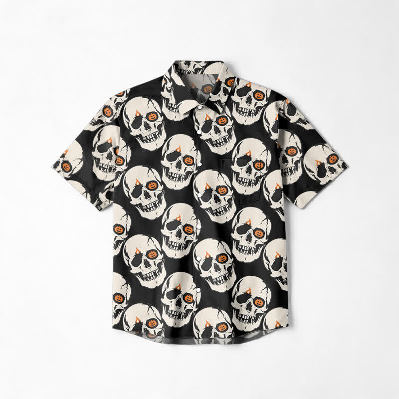 Gothic Skull Print Relaxed Fit Cuban Collar Short Sleeve Shirt - Black - 6XL - image 1