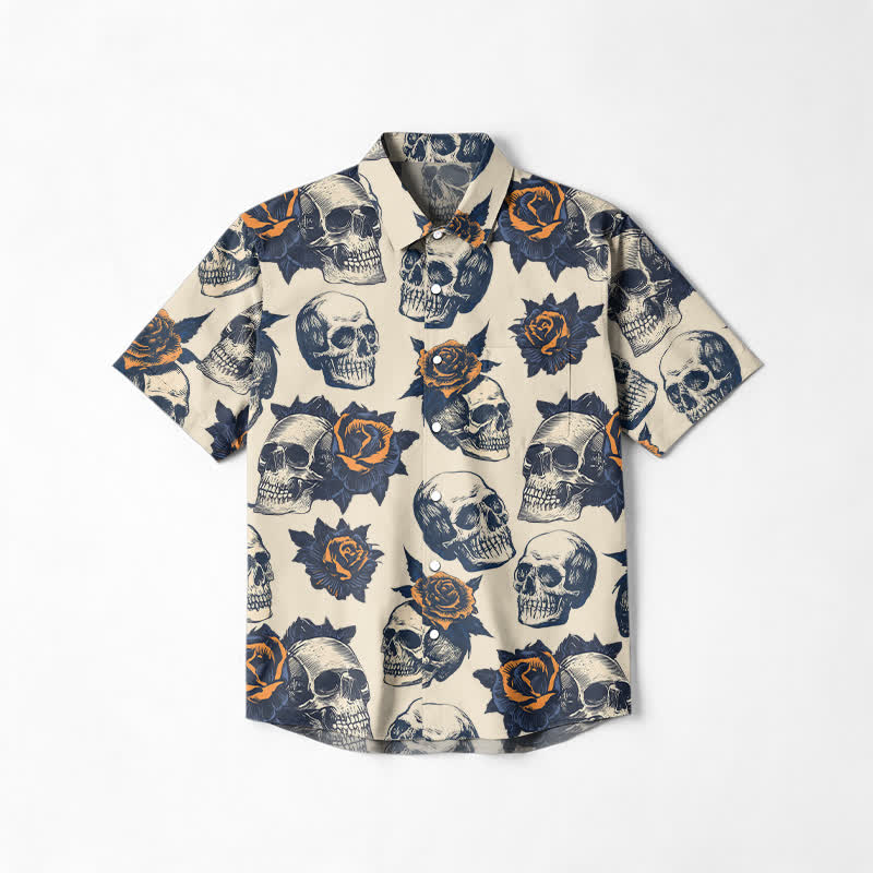 Punk Skull and Rose Relaxed Fit Cuban Collar Short Sleeve Shirt - Apricot - 6XL - image 1