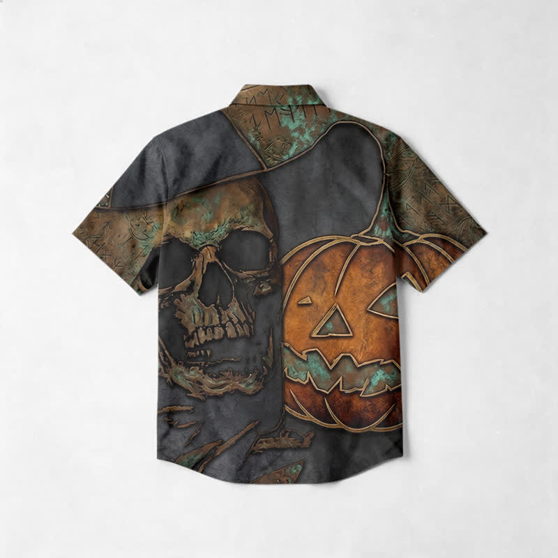 Vintage Verdigris Skull Pumpkin Cuban Collar Short Sleeve Button-Up Shirt - image 2