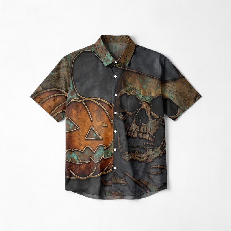 Vintage Verdigris Skull Pumpkin Cuban Collar Short Sleeve Button-Up Shirt - Green - 6XL - image 1