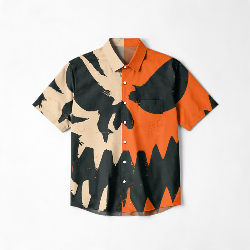 Streetwear Split Color Skull Print Relaxed Fit Cuban Collar Shirt - Orange - 6XL - image 1