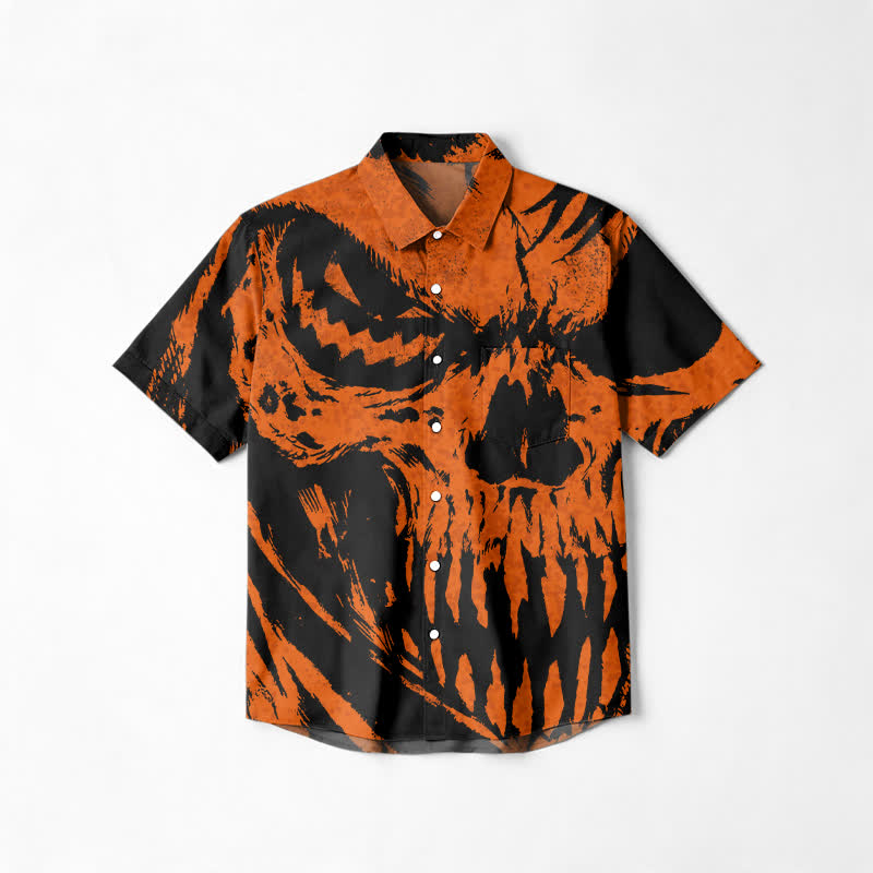 Streetwear Skull Print Relaxed Fit Cuban Collar Short Sleeve Shirt - Orange - 6XL - image 1