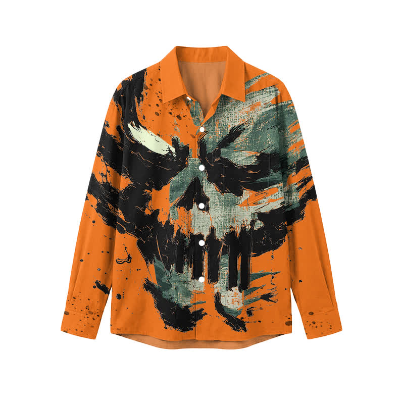 Streetwear Skull Graffiti Turn-Down Collar Men's Long Sleeve Shirt - Orange - 5XL - image 1
