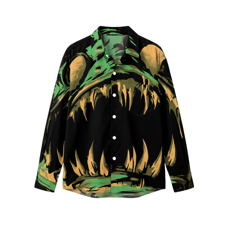 Streetwear Monster Fang Print Point Collar Men's Long Sleeve Shirt - Green - 5XL - image 1