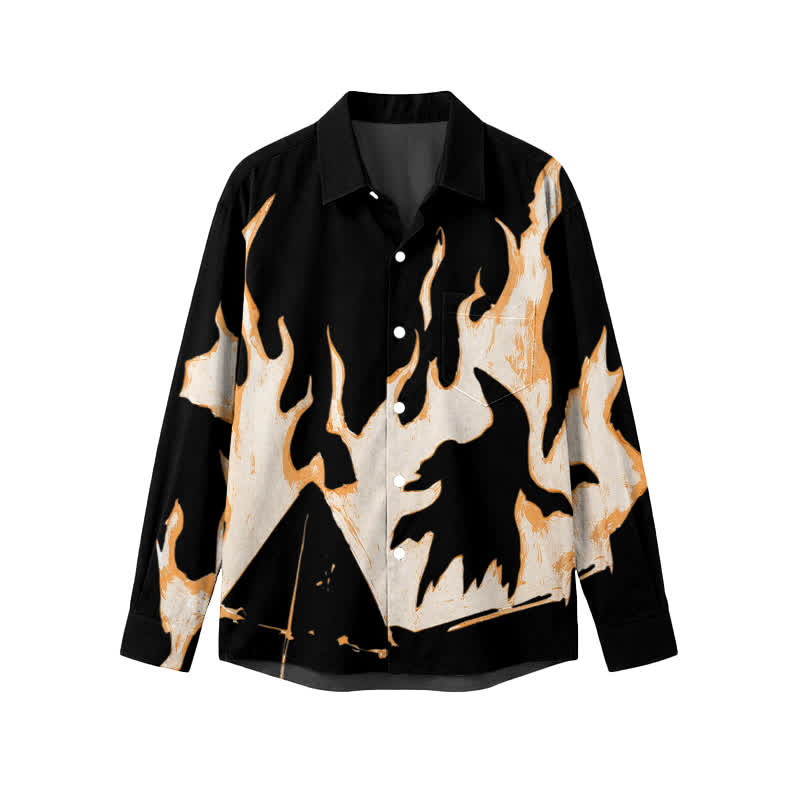 Streetwear Flame Print Classic Collar Men's Long Sleeve Shirt - Black - 5XL - image 1