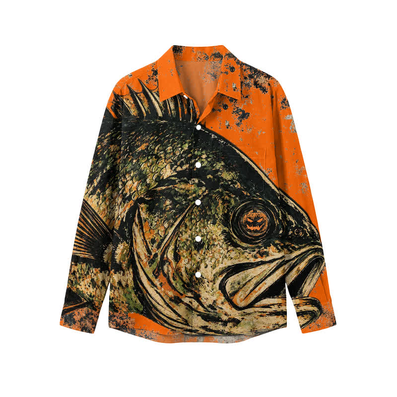 Vintage All Over Fish Print Classic Collar Men's Long Sleeve Shirt - Orange - 5XL - image 1