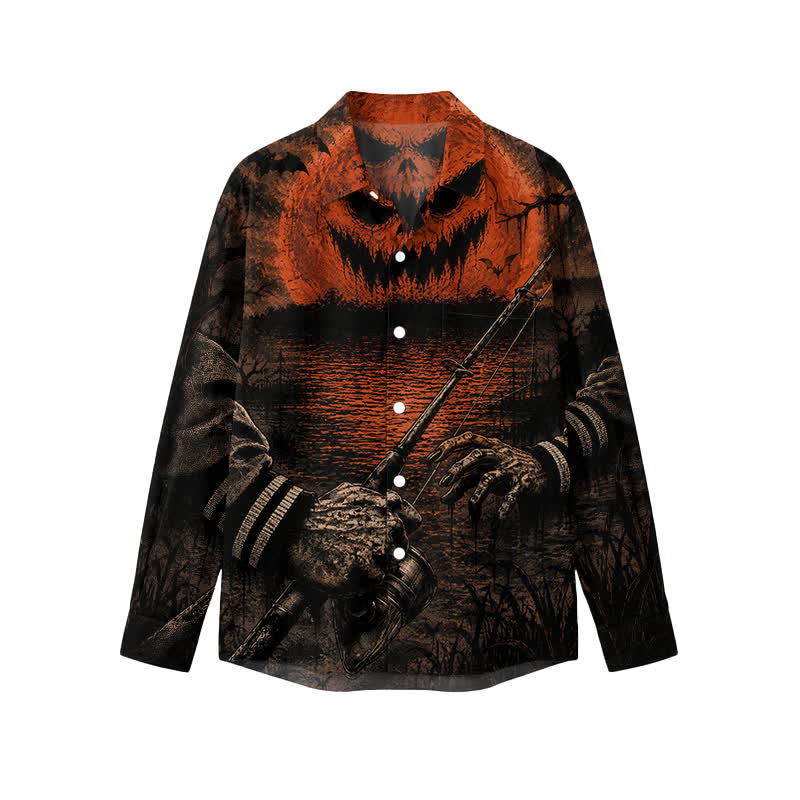 Gothic Jack O Lantern Swamp Graphic Classic Collar Men's Long Sleeve Shirt - Brown - 5XL - image 1