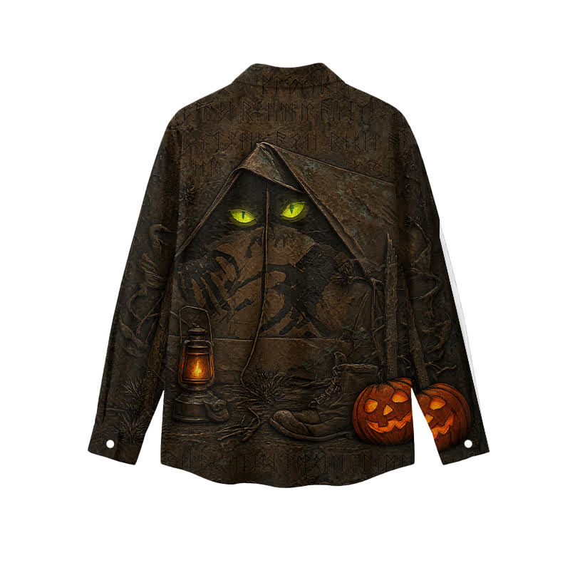 Gothic Glowing Cat Eyes Pointed Collar Men's Long Sleeve Halloween Shirt - image 2