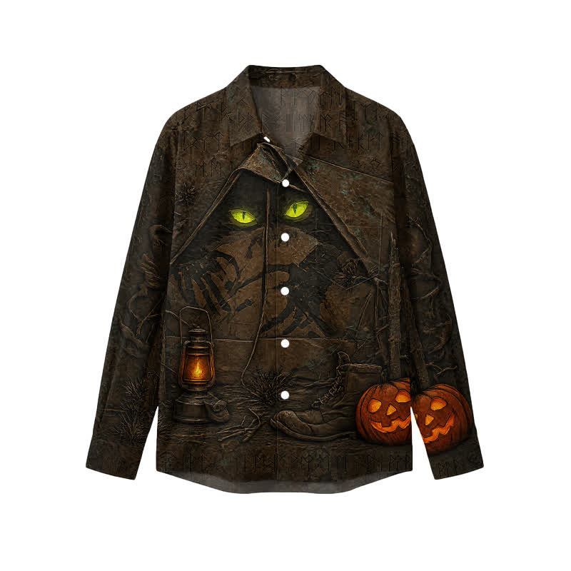Gothic Glowing Cat Eyes Pointed Collar Men's Long Sleeve Halloween Shirt - Brown - 5XL - image 1