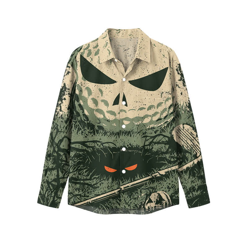 Gothic Skull Face Print Turn-Down Collar Men's Long Sleeve Shirt - Green - 5XL - image 1