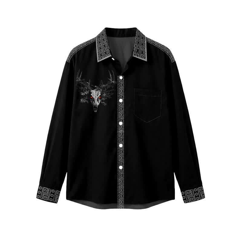 Gothic Antler Skull Point Collar Button Front Men's Long Sleeve Shirt - Black - 5XL - image 1