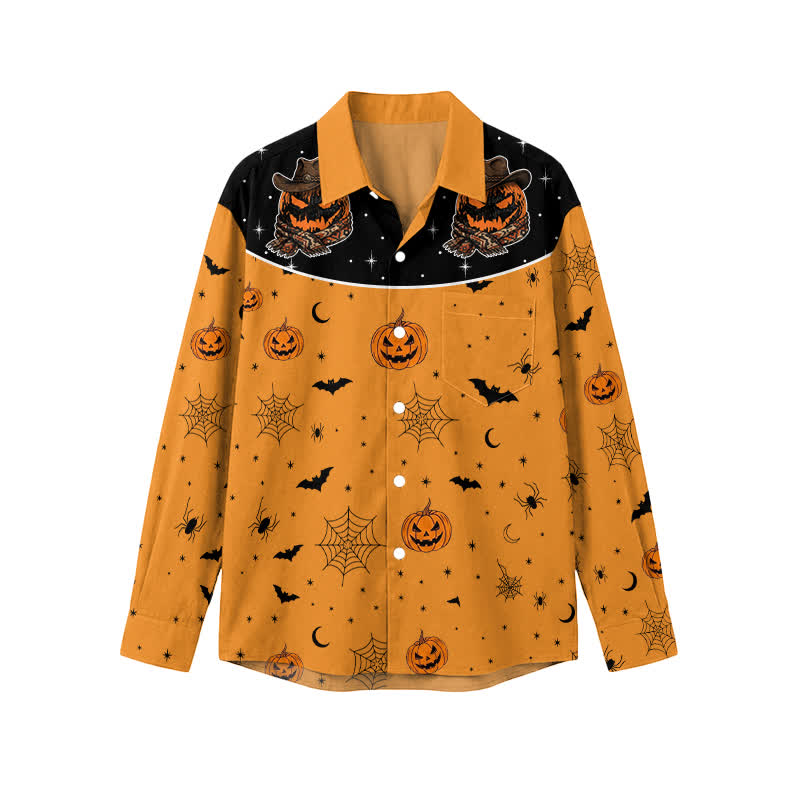 Casual Jack O Lantern Web Print Straight Cut Turn-Down Collar Men's Long Sleeve Shirt - Orange - 5XL - image 1
