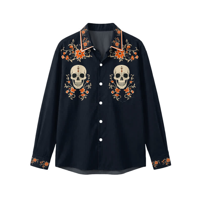 Vintage Skull Floral Embroidered Cuban Collar Long Sleeve Shirt - Black - 5XL - image 1