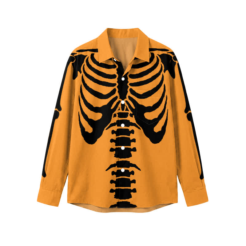 Gothic Skeleton Print Regular Cut Classic Collar Men's Long Sleeve Shirt - Orange - 5XL - image 1