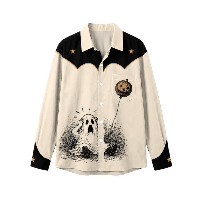 Western Ghost Pumpkin Balloon Point Collar Men's Long Sleeve Shirt - White - 5XL - image 1