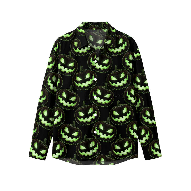 Casual Neon Jack O Lantern All Over Print Men's Long Sleeve Shirt - Green - 5XL - image 1
