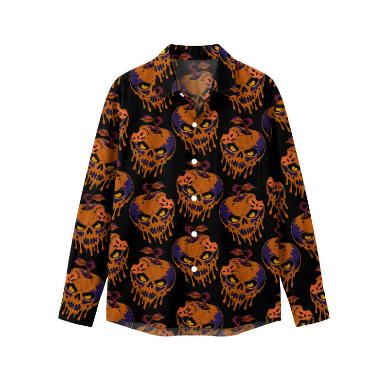 Vintage Pumpkin Skull Print Classic Collar Men's Long Sleeve Shirt - Orange - 5XL - image 1