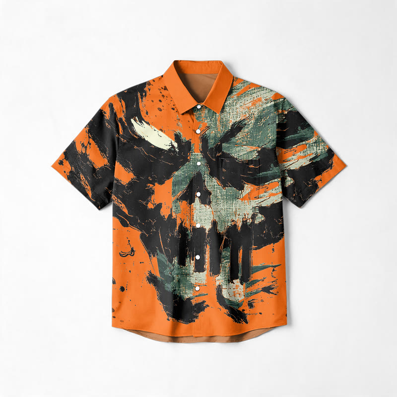 Streetwear Skull Brushstroke Short Sleeve Cotton Lapel Shirt - Orange - 6XL - image 1