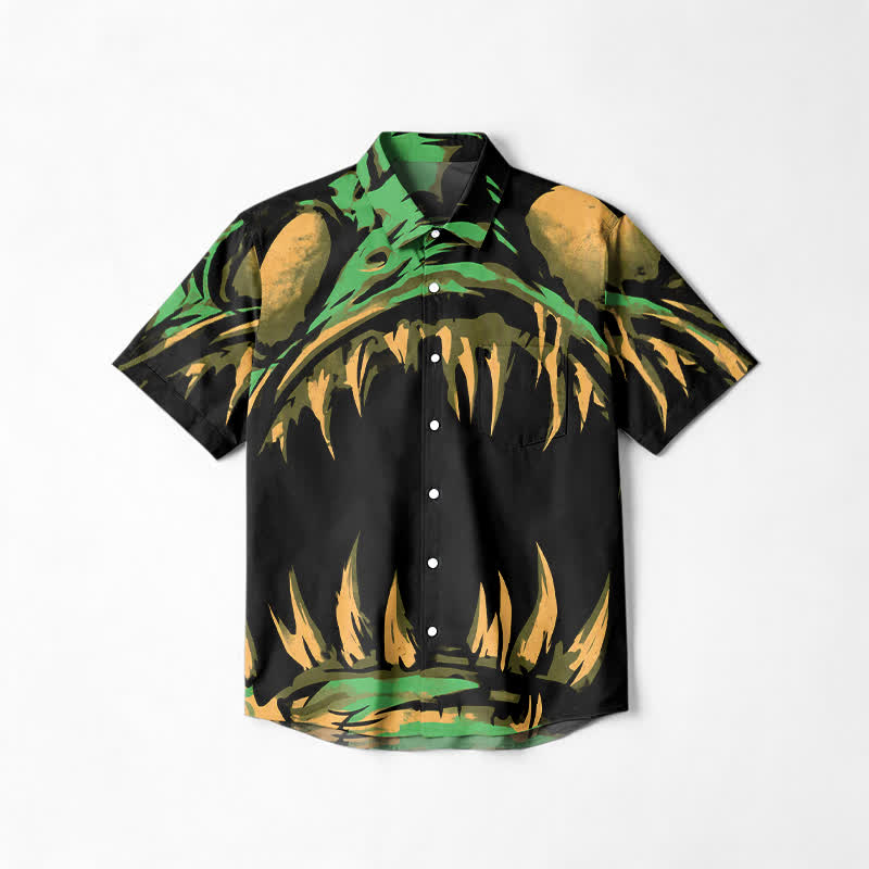 Streetwear Monster Maw Graphic Short Sleeve Lapel Shirt - Green - 6XL - image 1
