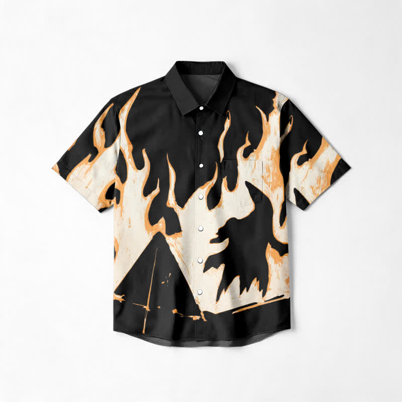 Streetwear Flame Print Cuban Collar Cotton Lapel Shirt - Black - 6XL - image 1