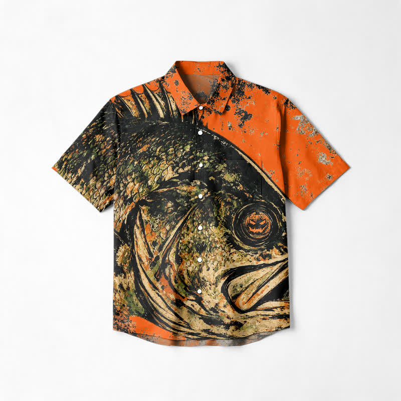 Casual Trophy Fish Print Short Sleeve Cotton Lapel Shirt - Orange - 6XL - image 1