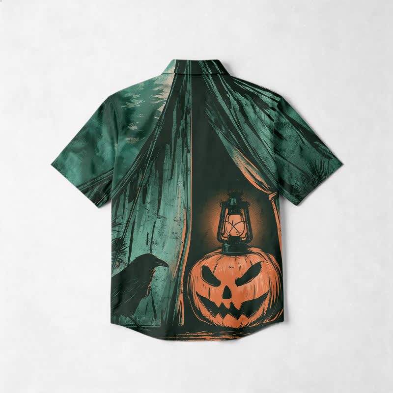 Vintage Jack O Lantern Print Short Sleeve Cotton Lapel Shirt - image 2