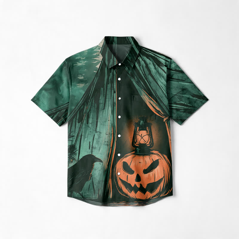 Vintage Jack O Lantern Print Short Sleeve Cotton Lapel Shirt - Green - 6XL - image 1