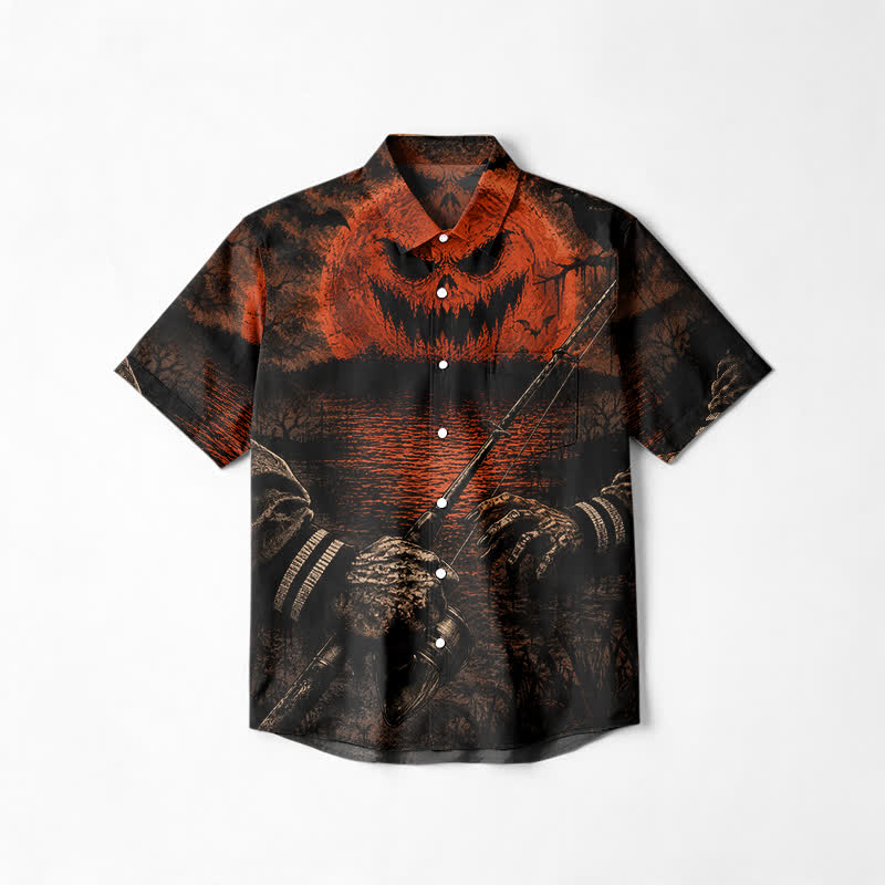 Dark Aesthetic Pumpkin Moon Cuban Collar Short Sleeve Shirt - Black - 6XL - image 1