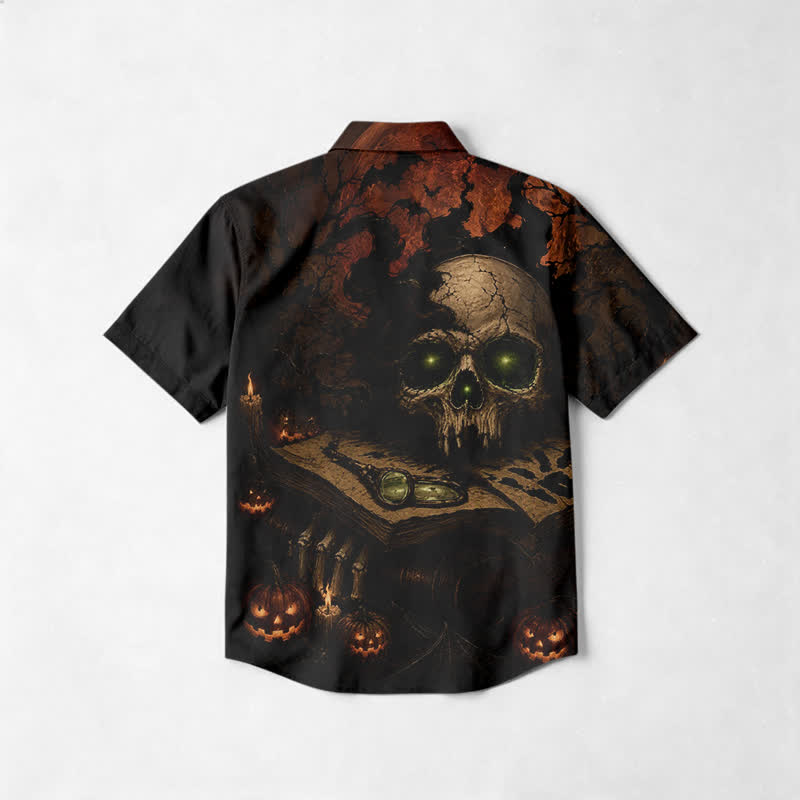 Gothic Glowing Skull Pumpkin Regular Cut Short Sleeve Cuban Collar Shirt - image 2