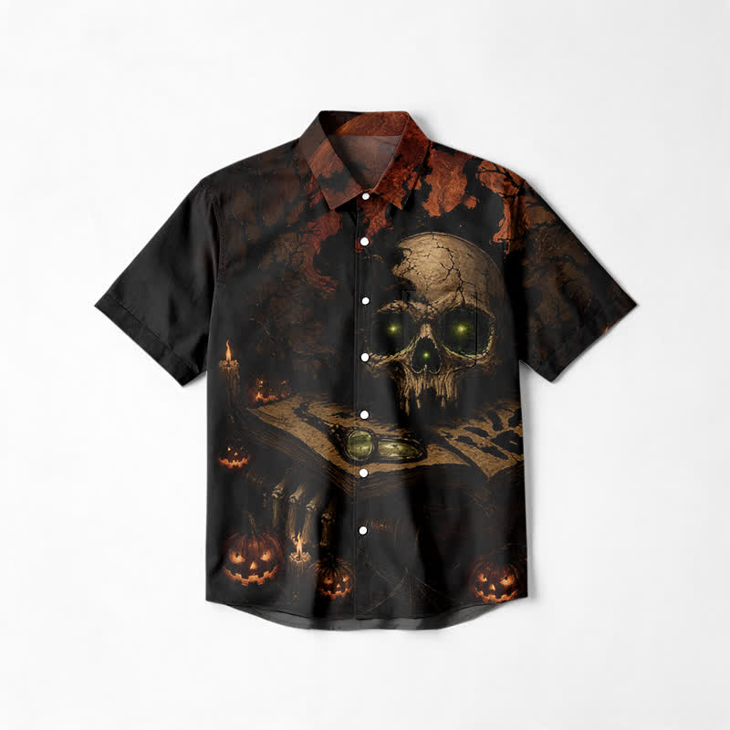Gothic Glowing Skull Pumpkin Regular Cut Short Sleeve Cuban Collar Shirt - Black - 6XL - image 1