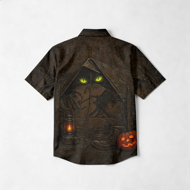 Gothic Halloween Cat Eye Print Cuban Collar Short Sleeve Cotton Lapel Shirt - image 2