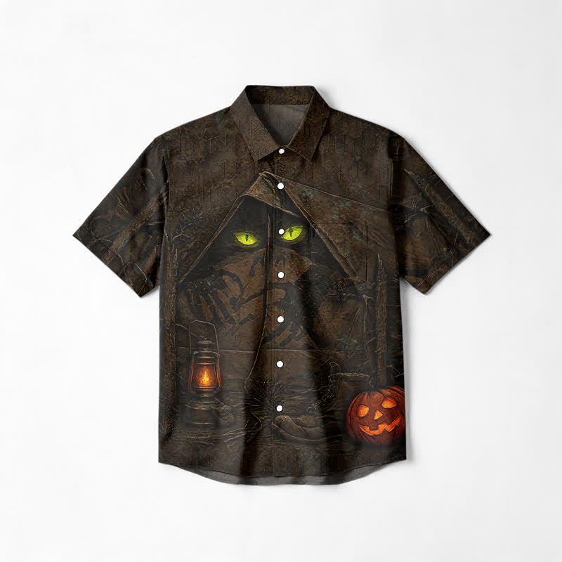 Gothic Halloween Cat Eye Print Cuban Collar Short Sleeve Cotton Lapel Shirt - Black - 6XL - image 1