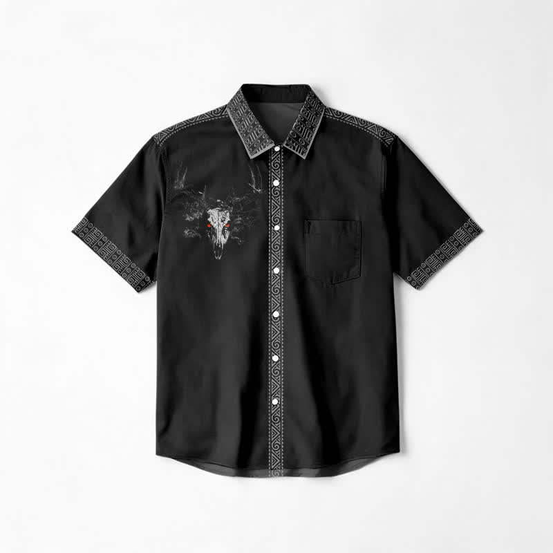 Gothic Skull Print Cuban Collar Short Sleeve Cotton Lapel Shirt - Black - 6XL - image 1