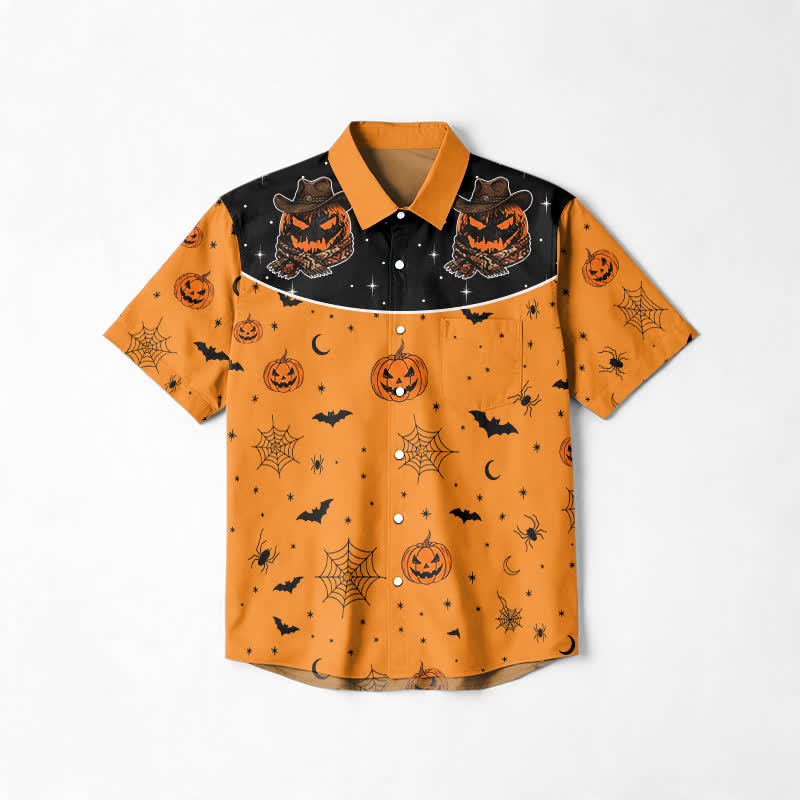 Western Jack O Lantern Print Short Sleeve Lapel Shirt - Orange - 6XL - image 1