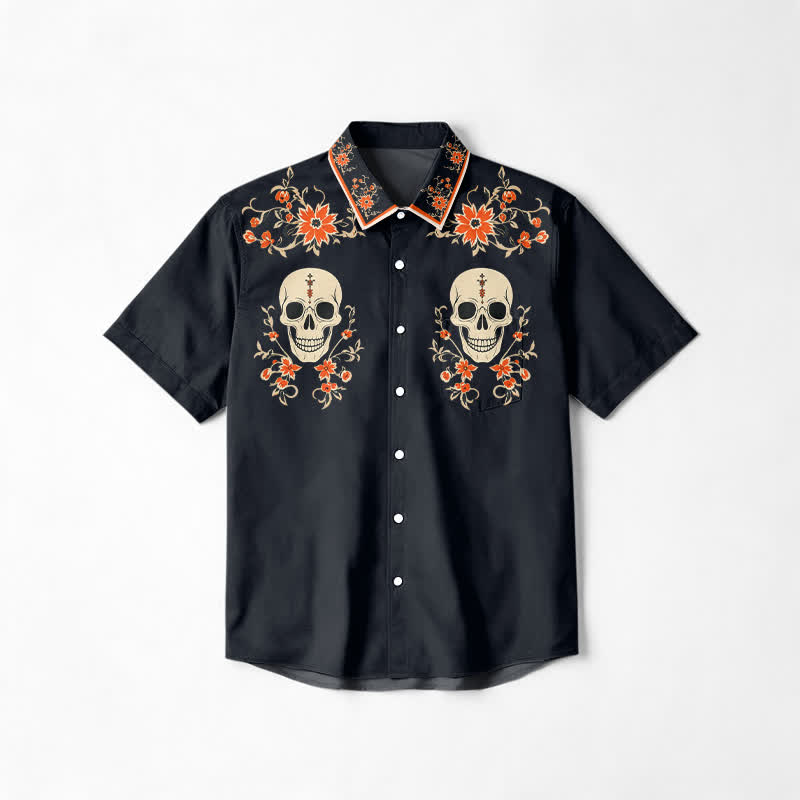 Western Twin Skull Floral Short Sleeve Cotton Lapel Shirt - Black - 6XL - image 1