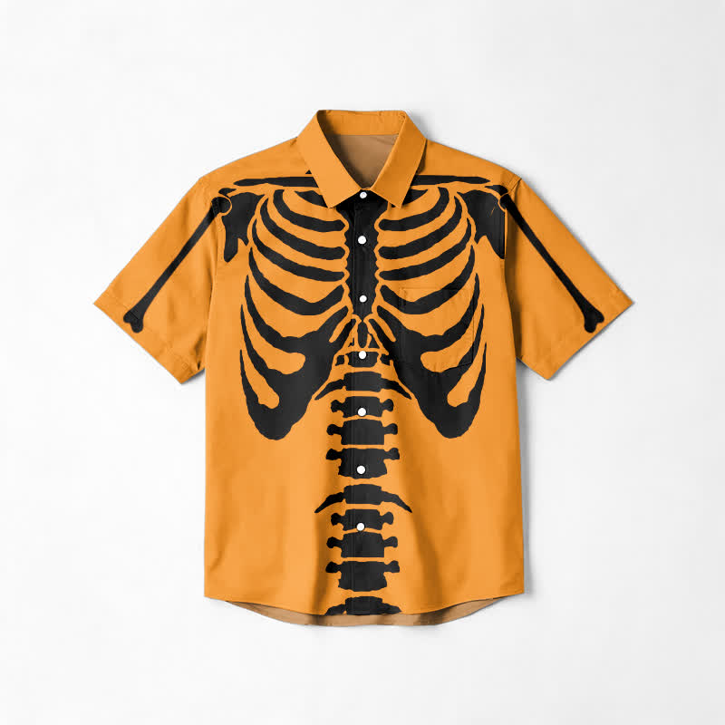 Streetwear Skeleton Print Drop Shoulder Cotton Lapel Shirt - Orange - 6XL - image 1