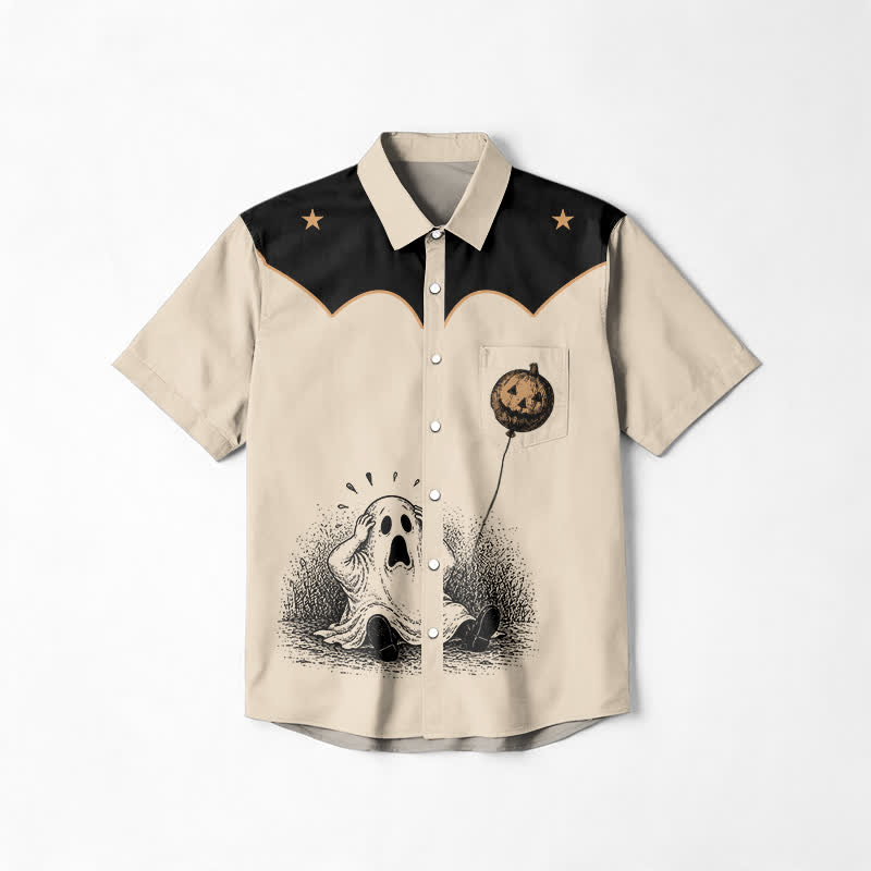 Western Ghost Print Short Sleeve Cotton Lapel Shirt - Beige - 6XL - image 1