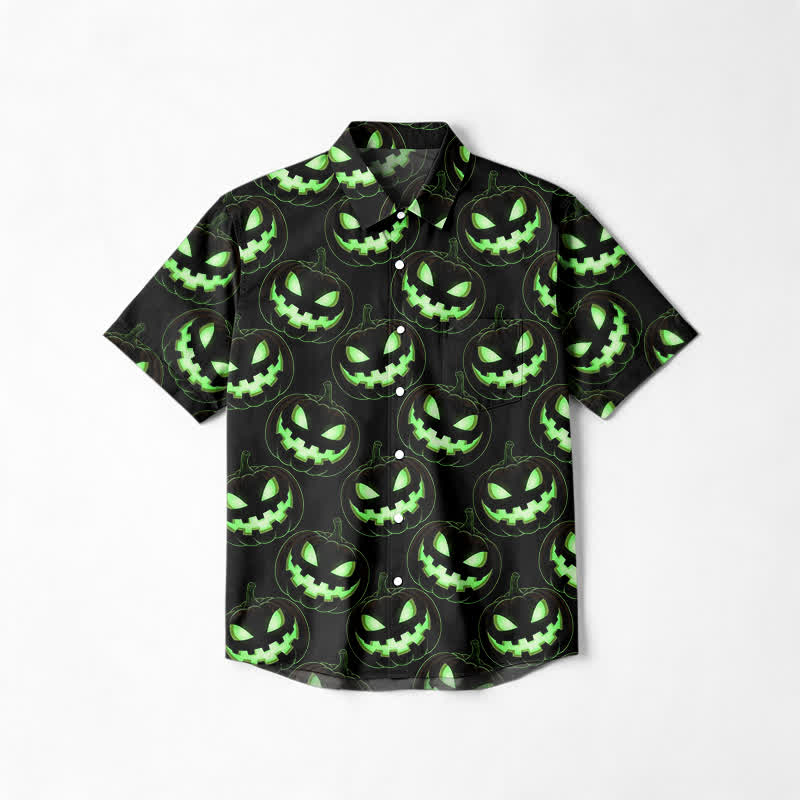 Casual Neon Pumpkin Print Short Sleeve Cotton Lapel Shirt - Green - 6XL - image 1