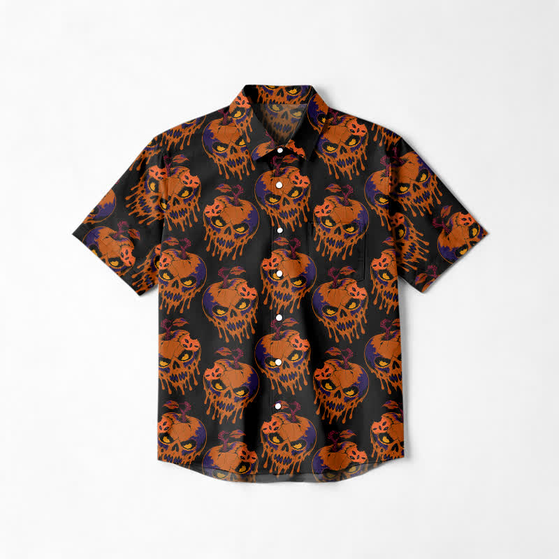 Vintage Pumpkin Skull Cuban Collar Cotton Lapel Shirt - Orange - 6XL - image 1