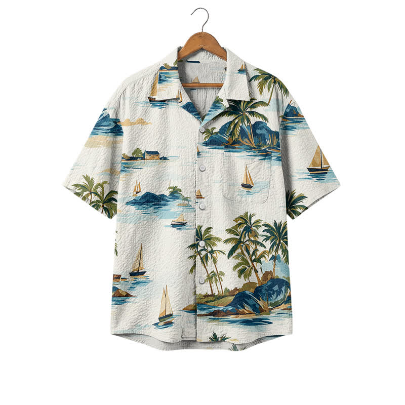 Vintage Tropical Island Print Short Sleeve Cuban Collar Polyester Hawaiian Shirt - Blue - 4XL - image 1