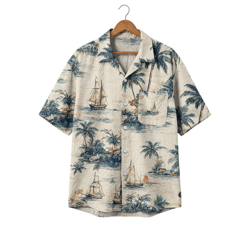 Vintage Island Scene Boxy Short Sleeve Cuban Collar Polyester Hawaiian Shirt - Blue - 4XL - image 1