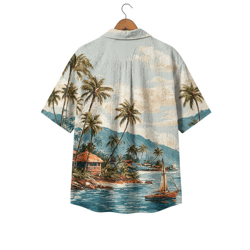 Men's Vintage Coastal Scenic Short Sleeve Cuban Collar Polyester Shirt - image 2