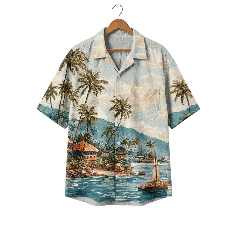 Men's Vintage Coastal Scenic Short Sleeve Cuban Collar Polyester Shirt - Blue - 4XL - image 1