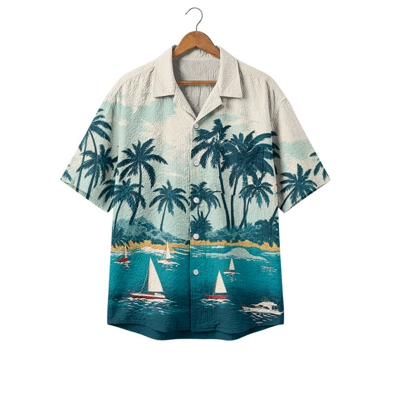 Vintage Tropical Seascape Short Sleeve Men's Hawaiian Cuban Collar Polyester Shirt - Blue - 4XL - image 1