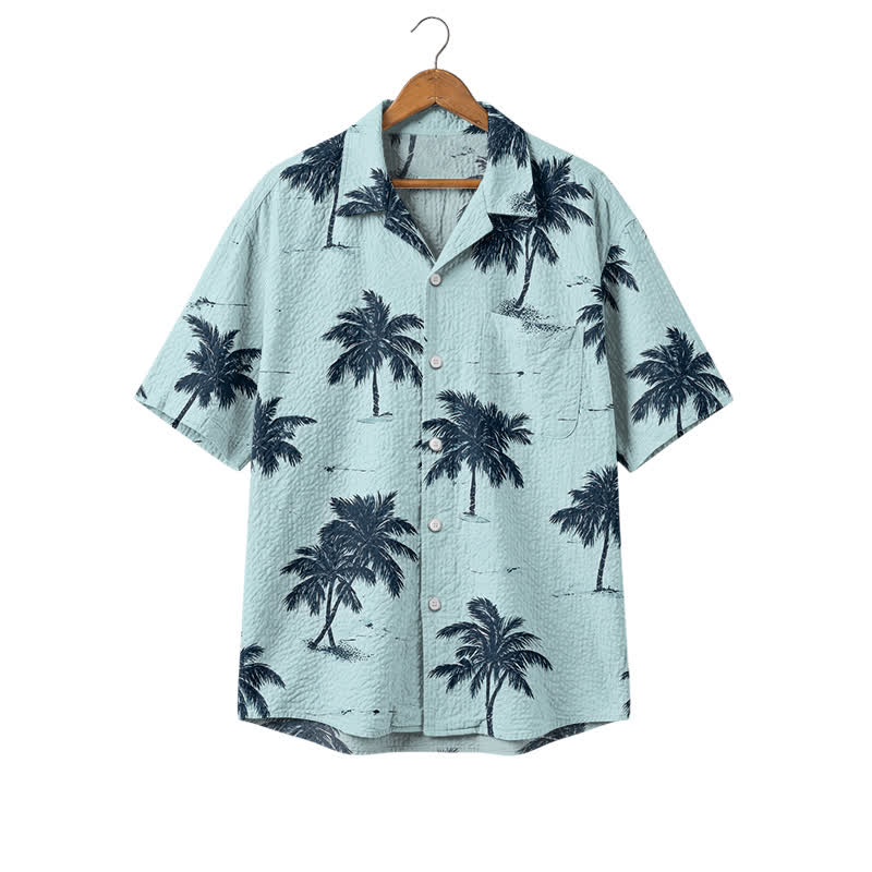 Vintage Palm Tree Short Sleeve Cuban Collar Polyester Hawaiian Shirt - Blue - 4XL - image 1